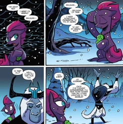 Size: 1163x1178 | Tagged: safe, artist:andypriceart, idw, official comic, character:storm king, character:tempest shadow, species:pony, my little pony: the movie (2017), broken horn, cloak, clothing, comic, dialogue, duo, eye scar, female, horn, male, mare, misfortune malachite, my little pony: the movie prequel, scar, snow, speech bubble