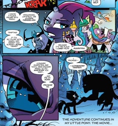 Size: 1126x1206 | Tagged: safe, artist:andypriceart, idw, official comic, character:princess celestia, character:rainbow dash, character:spike, character:storm king, character:tempest shadow, character:twilight sparkle, species:alicorn, species:dragon, species:pegasus, species:pony, species:unicorn, my little pony: the movie (2017), broken horn, canterlot, cloak, clothing, comic, dialogue, duo, equestria, eye scar, female, horn, male, mare, my little pony: the movie prequel, reflection, scar, snow, speech bubble