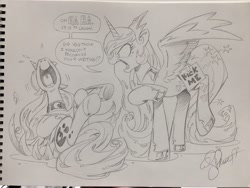 Size: 1024x768 | Tagged: safe, artist:andypriceart, character:princess celestia, character:princess luna, species:alicorn, species:pony, andy you magnificent bastard, angry, celestia is not amused, duo, female, grayscale, hoofprints, kick me, laughing, mare, monochrome, ouch, pencil drawing, pointing, prank, princess luna is amused, this will end in tears and/or a journey to the moon, traditional art, trolluna, unamused, uvula, varying degrees of amusement