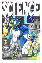 Size: 3300x4944 | Tagged: safe, artist:andypriceart, character:princess luna, character:tiberius, beaker, bone, book, chemistry, clothing, dr jekyll and mr hyde, erlenmeyer flask, goggles, lab coat, laboratory, magic, movie reference, science, skull, test tube, traditional art, young frankenstein