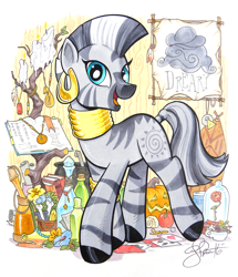 Size: 2657x3091 | Tagged: safe, artist:andypriceart, edit, editor:dsp2003, character:zecora, species:pony, species:zebra, beauty and the beast, book, candle, cauldron, colored pencil drawing, cute, dreary, female, flower, jewelry, looking at you, mare, marker drawing, pumpkin, rose, smiling, solo, traditional art, zecorable