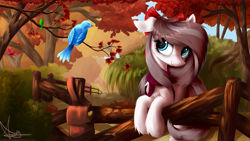 Size: 2560x1440 | Tagged: safe, artist:aurelleah, oc, oc only, oc:aurelia freefeather, species:bird, species:pony, autumn, bow, chest fluff, clothing, commission, cute, ear fluff, fence, floppy ears, fluffy, forest, hair bow, happy, leaves, looking away, scarf, scenery, smiling, solo, tree