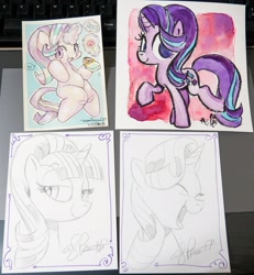 Size: 1481x1600 | Tagged: safe, artist:agnesgarbowska, artist:andypriceart, artist:mosamosa_n, character:starlight glimmer, species:pony, species:unicorn, candy, donut, eating, food, glowing horn, heart, smiling, solo, traditional art