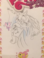 Size: 1536x2048 | Tagged: safe, artist:andypriceart, character:fluttershy, character:queen chrysalis, species:changeling, species:pony, changeling queen, fangs, female, mare, sketch, smiling, traditional art