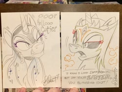 Size: 2048x1536 | Tagged: safe, artist:andypriceart, character:daybreaker, character:nightmare moon, character:princess celestia, character:princess luna, species:pony, ship:evil princest, ship:princest, andy you magnificent bastard, dialogue, female, flirting, implied incest, incest, lesbian, lineart, mare, monochrome, shipping, smiling, traditional art
