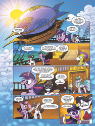 Size: 768x1024 | Tagged: safe, artist:andypriceart, idw, official comic, character:kibitz, character:princess celestia, character:raven inkwell, character:twilight sparkle, character:twilight sparkle (alicorn), species:alicorn, species:pony, species:unicorn, airship, comic, dialogue, female, mare, preview, royal guard, speech bubble