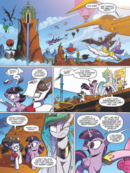 Size: 768x1024 | Tagged: safe, artist:andypriceart, idw, official comic, character:daring do, character:kibitz, character:princess cadance, character:princess celestia, character:raven inkwell, character:twilight sparkle, character:twilight sparkle (alicorn), species:alicorn, species:bat pony, species:dragon, species:pegasus, species:pony, species:unicorn, comic, dialogue, female, flying, hall of unity, hot air balloon, male, mare, mount metazoa, night guard, preview, royal guard, speech bubble, stallion
