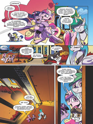 Size: 768x1024 | Tagged: safe, artist:andypriceart, idw, official comic, character:princess cadance, character:princess celestia, character:raven inkwell, character:twilight sparkle, character:twilight sparkle (alicorn), species:alicorn, species:bat pony, species:pony, species:unicorn, aunt and niece, comic, dialogue, female, heart, hug, kiss on the cheek, kissing, mare, preview, royal guard, sister-in-law, speech bubble, sunshine sunshine