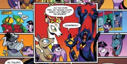 Size: 1039x524 | Tagged: safe, artist:andypriceart, idw, official comic, character:iron will, character:king aspen, character:queen chrysalis, character:twilight sparkle, character:twilight sparkle (alicorn), species:abyssinian, species:alicorn, species:bat pony, species:breezies, species:deer, species:parrot, species:pony, my little pony: the movie (2017), abyssinian king, abyssinian queen, bull, cave troll jim, clothing, comic, cowboy hat, crackers, cropped, dialogue, doe, female, food, hat, king longhorn, mare, meta, parrot pirates, pirate, speech bubble, stag, troll