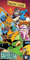 Size: 438x862 | Tagged: safe, artist:andypriceart, idw, official comic, character:princess cadance, character:raven inkwell, species:breezies, species:dragon, species:pony, species:yak, blacktip, comic, cropped, female, flame eyes, horwitz, mare, orange background, parasprite, red background, simple background, wingding eyes