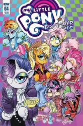 Size: 1054x1600 | Tagged: safe, artist:andypriceart, idw, character:angel bunny, character:applejack, character:fluttershy, character:pinkie pie, character:rainbow dash, character:rarity, character:spike, character:twilight sparkle, species:dragon, species:earth pony, species:pegasus, species:pony, species:unicorn, 80's fashion, 80s, air guitar, alternate hairstyle, andy you magnificent bastard, barbara holland, belt, belt buckle, big hair, bipedal, book, bracelet, clothing, costume, cover, cropped, cyndi lauper, denim jacket, dress, ear piercing, earring, eyeshadow, fashion, female, fishnets, flower, glasses, hair spray, hairspray, jacket, jeans, jewelry, leotard, lidded eyes, looking at you, magazine, makeup, mane 'n tail, mane six, mare, michael jackson, mohawk, necklace, open mouth, pants, piercing, prince (musician), prince and the revolution, punk, semi-anthro, shampoo, shirt, smiling, stranger things, sweatband, sweatpants, tights, trapper keeper, weights, wristband