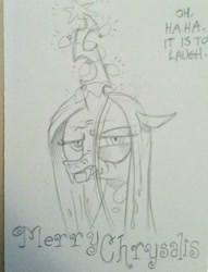Size: 899x1177 | Tagged: safe, artist:andypriceart, character:queen chrysalis, species:changeling, andy you magnificent bastard, bust, merry christmas, merry chrysalis, monochrome, name pun, pun, solo, traditional art