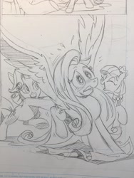 Size: 1536x2048 | Tagged: safe, artist:andypriceart, idw, character:coco pommel, character:fluttershy, character:rarity, 2018, butt touch, comic, hoof on butt, monochrome, pushing, rump push, sketch, traditional art, trio, wip