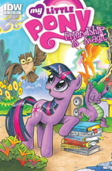 Size: 664x1020 | Tagged: safe, artist:andypriceart, idw, official comic, character:owlowiscious, character:princess celestia, character:spike, character:twilight sparkle, armpits, book, boombox, cover