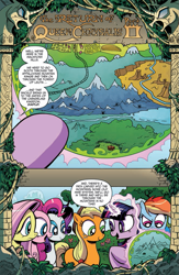 Size: 663x1020 | Tagged: safe, artist:andypriceart, idw, official comic, character:applejack, character:fluttershy, character:pinkie pie, character:rainbow dash, character:rarity, character:twilight sparkle, character:twilight sparkle (unicorn), species:earth pony, species:pegasus, species:pony, species:unicorn, advertisement, appaloosan mountains, eyeshadow, female, forest of leota, frown, idw advertisement, levitation, lidded eyes, looking at something, magic, makeup, mane six, map, mare, mountain, mountain range, pointing, raised eyebrow, telekinesis, the return of queen chrysalis