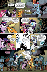 Size: 663x1020 | Tagged: safe, artist:andypriceart, idw, official comic, character:applejack, character:pinkie pie, character:rainbow dash, character:rarity, character:twilight sparkle, character:twilight sparkle (unicorn), species:earth pony, species:pony, species:unicorn, cave troll, cave troll jim, female, idw advertisement, magic, mare, rainbow dash is not amused, telekinesis, the return of queen chrysalis, unamused