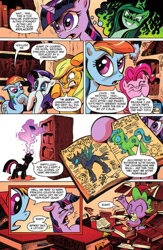 Size: 903x1388 | Tagged: safe, artist:andypriceart, idw, official comic, character:applejack, character:pinkie pie, character:princess cadance, character:queen chrysalis, character:rainbow dash, character:rarity, character:spike, character:twilight sparkle, character:twilight sparkle (unicorn), species:changeling, species:pony, species:unicorn, advertisement, angry, book, comic, damon knight, disguise, disguised changeling, evil grin, glow, golden oaks library, grin, herding cats, idw advertisement, invasion of the body snatchers, issue 1, jack finney, magic, parchment, preview, quill, smiling, the return of queen chrysalis, to serve man