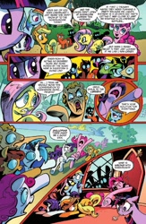 Size: 903x1388 | Tagged: safe, artist:andypriceart, idw, official comic, character:applejack, character:dj pon-3, character:fluttershy, character:pinkie pie, character:rainbow dash, character:rarity, character:twilight sparkle, character:vinyl scratch, advertisement, comic, disguise, disguised changeling, hiding, idw advertisement, invasion of the body snatchers, issue 1, mane six, pointing, preview, running, screaming, the return of queen chrysalis