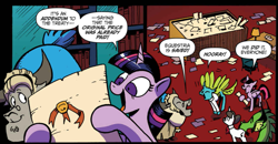 Size: 1005x521 | Tagged: safe, artist:andypriceart, idw, official comic, character:raven inkwell, character:twilight sparkle, character:twilight sparkle (alicorn), species:alicorn, species:changeling, species:dragon, species:pony, species:reformed changeling, species:unicorn, species:yak, blacktip, comic, cropped, dialogue, female, glenda, horwitz, mare, speech bubble, treaty, urtica