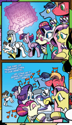 Size: 508x878 | Tagged: safe, artist:andypriceart, idw, official comic, character:big mcintosh, character:fluttershy, character:rarity, character:raven inkwell, character:toe-tapper, character:torch song, character:twilight sparkle, character:twilight sparkle (alicorn), species:alicorn, species:griffon, species:pony, species:unicorn, blacktip, blue background, comic, cropped, female, fire of friendship, male, mare, ponytones, simple background, stallion