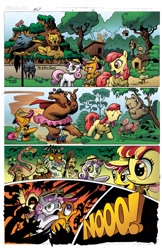 Size: 1035x1600 | Tagged: safe, artist:andypriceart, artist:angieness, idw, official comic, character:apple bloom, character:scootaloo, character:sweetie belle, species:bat, species:bird, species:chicken, species:dog, species:duck, species:pegasus, species:pony, bear, beaver, big cat, big no, cape, clothing, comic, cutie mark crusaders, disguise, disguised changeling, flamingo, hat, idw comic issue 1, koala, lion, lizard, otter, scooter, the return of queen chrysalis, tiger, tutu, vulture