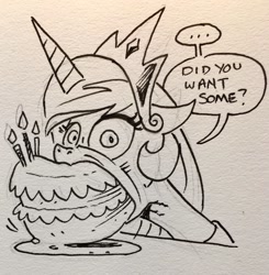 Size: 1004x1024 | Tagged: safe, artist:andypriceart, character:princess celestia, species:alicorn, species:pony, ..., andy you magnificent bastard, cake, cakelestia, cute, dialogue, eating, female, food, gentlemen, looking at you, majestic as fuck, mare, monochrome, nom, sillestia, silly, solo, speech bubble, this will end in weight gain, traditional art