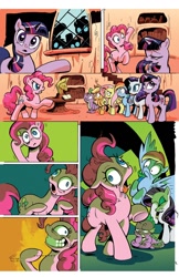 Size: 800x1236 | Tagged: safe, artist:andypriceart, idw, official, official comic, character:applejack, character:fluttershy, character:pinkie pie, character:rainbow dash, character:rarity, character:spike, character:twilight sparkle, character:twilight sparkle (unicorn), species:earth pony, species:pegasus, species:pony, species:unicorn, clean, comic, eyeshadow, facehoof, female, infected, mare, shaun of the dead, slasher smile, slit throat gesture, textless, the return of queen chrysalis, wide eyes