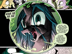 Size: 907x685 | Tagged: safe, artist:andypriceart, idw, official comic, character:applejack, character:queen chrysalis, character:rarity, character:spike, character:twilight sparkle, angry, comic, crystal ball, evil laugh, fangs, issue 1, the return of queen chrysalis