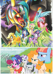 Size: 624x864 | Tagged: safe, artist:andypriceart, artist:caelynmlp, edit, character:applejack, character:cloudy quartz, character:cookie crumbles, character:fluttershy, character:pear butter, character:pinkie pie, character:posey shy, character:queen chrysalis, character:rainbow dash, character:rarity, character:twilight sparkle, character:twilight sparkle (unicorn), character:twilight velvet, character:windy whistles, species:changeling, species:earth pony, species:pegasus, species:pony, species:unicorn, angry, changeling queen, changeling slime, clothing, eyes closed, female, floppy ears, flying, frown, glare, glasses, gritted teeth, horrified, jewelry, lidded eyes, mama bear, mane six, mare, marshmelodrama, messy, mom six, mother, necklace, open mouth, pulling, raised hoof, raised leg, smiling, spread wings, stuck, text, this will end in pain, tongue out, underhoof, wide eyes, wings
