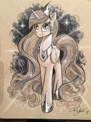 Size: 1536x2048 | Tagged: safe, artist:andypriceart, character:princess celestia, species:alicorn, species:pony, crown, female, jewelry, looking at you, mare, monochrome, regalia, simple background, solo, traditional art