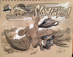 Size: 2048x1596 | Tagged: safe, artist:andypriceart, character:rainbow dash, character:twilight sparkle, character:twilight sparkle (alicorn), species:alicorn, species:pegasus, species:pony, armpits, cloud, dialogue, duo, female, flying, leaf, mare, monochrome, mountain, rainbow douche, sky, snow, speech bubble, text, traditional art, wings, you're too slow