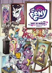 Size: 1400x1973 | Tagged: safe, artist:andypriceart, idw, character:angel bunny, character:apple bloom, character:applejack, character:bon bon, character:cheerilee, character:fluttershy, character:rainbow dash, character:rarity, character:scootaloo, character:sweetie belle, character:sweetie drops, character:trixie, character:twilight sparkle, character:twilight sparkle (alicorn), species:alicorn, species:earth pony, species:pegasus, species:pony, species:rabbit, species:unicorn, alicorn amulet, art, art is magic, art museum, bon bon is not amused, bon bond, book, cape, clothing, cover, cutie mark crusaders, female, filly, fine art parody, fluttalisa, gem, heart eyes, holding hooves, male, mare, mona lisa, museum, painting, statue, stealing, sunglasses, trixie's cape, unamused, wingding eyes