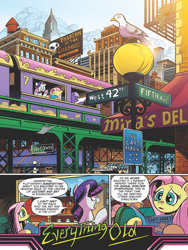 Size: 768x1024 | Tagged: safe, artist:andypriceart, idw, official comic, character:fluttershy, character:rarity, species:pony, species:unicorn, city, comic, dialogue, duo, female, manehattan, mare, pigeon, preview, speech bubble