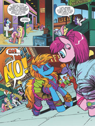 Size: 768x1024 | Tagged: safe, artist:andypriceart, idw, official comic, character:fluttershy, character:rarity, species:earth pony, species:pegasus, species:pony, species:unicorn, 80's fashion, 80s, 80s hair, bangles, big hair, boots, clothing, comic, denim jacket, dialogue, ear piercing, earring, fashion crisis, female, fishnets, jewelry, leopard print, manehattan, mare, piercing, preview, shoes, skirt, speech bubble, train station, watch, wristband, wristwatch