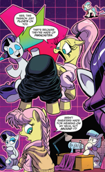 Size: 583x957 | Tagged: safe, artist:andypriceart, idw, official comic, character:coco pommel, character:fluttershy, character:rarity, species:earth pony, species:pony, species:unicorn, braid, clothing, comic, flutterbutt, montage, parachute pants, ponytail, sweater, sweatershy