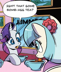 Size: 489x573 | Tagged: safe, artist:andypriceart, edit, idw, character:coco pommel, character:rarity, species:earth pony, species:pony, species:unicorn, blep, bomb ass tea, cropped, cup, dialogue, drinking, eye contact, female, food, horses doing horse things, lapping, looking at each other, mare, mlem, open mouth, silly, sitting, speech bubble, tea, teacup, tongue out