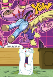 Size: 800x1148 | Tagged: safe, artist:andypriceart, idw, character:bulk biceps, character:fluttershy, species:pegasus, species:pony, comic:everything old, ship:flutterbulk, episode:on your marks, g4, my little pony: friendship is magic, acid, aroused, burned, canonical great butt, clothing, clubhouse, comic, context is for the weak, cropped, crusaders clubhouse, ear piercing, earring, faec, fashion, female, flutterbutt, front knot midriff, hole, hot pants, jeans, jewelry, knot shirt, literal butthurt, male, mare, midriff, ouch, pain, pants, piercing, plot, shipping, skinny jeans, spread wings, straight, wings, yeah, yow