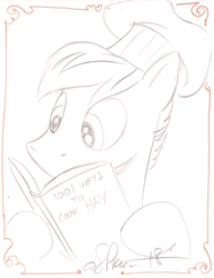 Size: 845x1094 | Tagged: safe, artist:andypriceart, oc, oc only, oc:victus, species:pony, book, bust, cookbook, grayscale, monochrome, reading, solo, toque, traditional art
