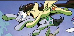 Size: 496x244 | Tagged: safe, artist:andypriceart, idw, official, official comic, character:lucky clover, character:wild fire, ship:luckyfire, comic, cute, flying, happy, hug, scared, shipping, sibsy, wild fire gets lucky