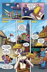 Size: 995x1529 | Tagged: safe, artist:andypriceart, idw, official comic, character:golden feather, character:princess celestia, character:princess luna, species:earth pony, species:pegasus, species:pony, braided tail, comic, dialogue, female, fillydelphia, foaledo, male, manehattan, mare, packo's hot dogs, preview, rocky balboa, speech bubble, stallion, toledo