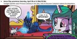 Size: 688x347 | Tagged: safe, artist:andypriceart, idw, character:princess celestia, character:princess luna, character:queen chrysalis, character:tiberius, species:alicorn, species:pegasus, species:pony, episode:horse play, g4, my little pony: friendship is magic, :o, animal, book, card, comic, dialogue, female, foreshadowing, levitation, magic, mare, open mouth, opossum, ponyloaf, preview, prone, speech bubble, telekinesis, text