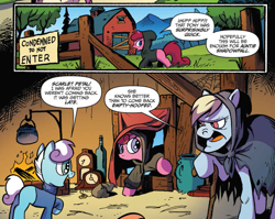 Size: 1023x815 | Tagged: safe, artist:andypriceart, idw, official comic, species:earth pony, species:pony, auntie shadowfall, brother and sister, cane, cloak, clothing, colt, comic, cropped, dialogue, female, filly, foal, hoodie, male, mare, scarlet petal, speech bubble, sweater, winter comet