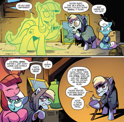 Size: 1053x1031 | Tagged: safe, artist:andypriceart, idw, official comic, species:earth pony, species:pony, auntie shadowfall, brother and sister, cane, cloak, clothing, colt, comic, cropped, dialogue, female, filly, male, mare, scarlet petal, speech bubble, sweater, transformation, transformed, winter comet