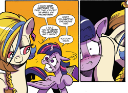 Size: 1021x745 | Tagged: dead source, safe, artist:andypriceart, idw, official comic, character:golden feather, character:princess celestia, character:twilight sparkle, character:twilight sparkle (alicorn), species:alicorn, species:pony, blushing, braid, comic, cropped, dialogue, duo, ear piercing, earring, embarrassed, eyes closed, faec, female, jewelry, mare, noodle incident, piercing, speech bubble, transformed, whispering