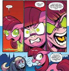 Size: 1075x1106 | Tagged: safe, artist:andypriceart, idw, official comic, species:earth pony, species:pony, angry, auntie shadowfall, cloak, clothing, comic, cropped, dialogue, female, glowing eyes, implied princess celestia, mare, nightmare fuel, offscreen character, scarlet petal, scary, speech bubble