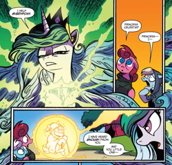 Size: 925x883 | Tagged: safe, artist:andypriceart, idw, official comic, character:princess celestia, species:pony, andy you magnificent bastard, auntie shadowfall, brother and sister, celestia is not amused, colt, comic, cropped, crowning moment of awesome, dialogue, female, filly, magic bubble, majestic, male, mare, now you fucked up, scarlet petal, sick of your shit, speech bubble, unamused, winter comet, you're in trouble