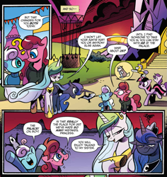 Size: 943x997 | Tagged: safe, artist:andypriceart, idw, official comic, character:princess celestia, character:princess luna, character:starlight glimmer, character:tiberius, character:twilight sparkle, character:twilight sparkle (alicorn), species:alicorn, species:pony, adopted offspring, adoption, annoyed, auntie luna, auntie shadowfall, boop, brother and sister, colt, comic, cropped, dialogue, faec, female, filly, foal, hot air balloon, luna is not amused, magic bubble, male, mare, momlestia fuel, royal guard, royal sisters, scarlet petal, speech bubble, winter comet