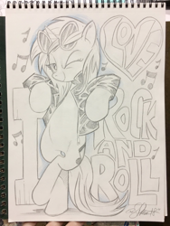 Size: 1536x2048 | Tagged: safe, artist:andypriceart, character:dj pon-3, character:vinyl scratch, species:pony, species:unicorn, clothing, female, grayscale, jacket, mare, monochrome, one eye closed, signature, sunglasses, traditional art, wink