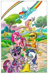 Size: 559x864 | Tagged: safe, artist:andypriceart, idw, character:angel bunny, character:applejack, character:fluttershy, character:gummy, character:opalescence, character:pinkie pie, character:rainbow dash, character:rarity, character:spike, character:twilight sparkle, species:bird, apple, cider, fence, flower, food, heart eyes, mane seven, mane six, mug, needle, pincushion, rainbow trail, tankard, tree, wingding eyes