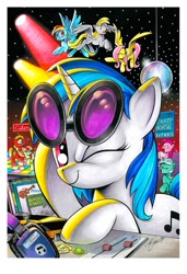 Size: 591x864 | Tagged: safe, artist:andypriceart, character:big mcintosh, character:derpy hooves, character:dj pon-3, character:fluttershy, character:lyra heartstrings, character:pinkie pie, character:rainbow dash, character:vinyl scratch, species:pegasus, species:pony, species:unicorn, crazy horse, dancing, disco ball, female, glasses, headphones, mare, mixer, one eye closed, party, record, solo focus, the baboons, the beach boys, the beach colts, the galloping stones, the monkees, the rolling stones, tongue out, wink
